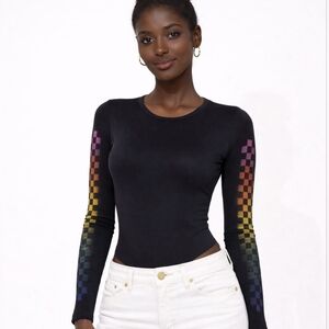 Nwt Rue21 Bodysuit w/ Rainbow Gradient Checkered Sleeves Strip Black